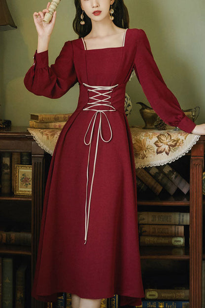 Lolita OP Dress - Wine, Square Collar, High Waist, Long Sleeves - main product image