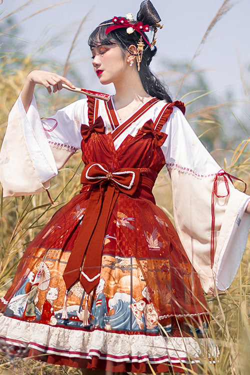 Lolita OP Dress - Wine Ukiyolu Cat Print, Wine, Bow Detail, Ruffled, Printed - additional product view 2
