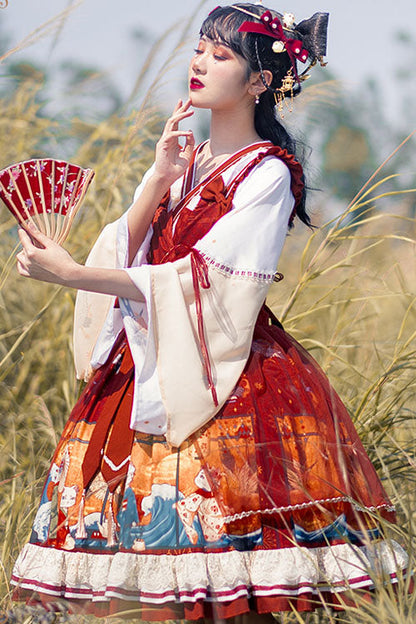 Lolita OP Dress - Wine Ukiyolu Cat Print, Wine, Bow Detail, Ruffled, Printed - additional product view 4