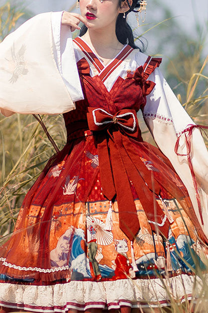 Lolita OP Dress - Wine Ukiyolu Cat Print, Wine, Bow Detail, Ruffled, Printed - main product image
