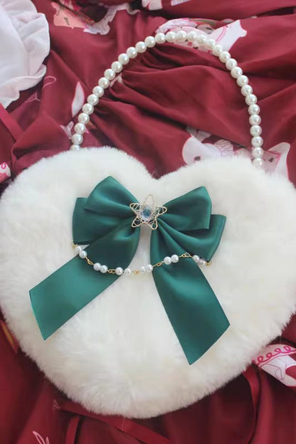 Lolita Shoulder Bag - Fluffy Heart Cartoon, 17 Colors, Bow Detail, Sweet Style - One-Size Dark-Green option