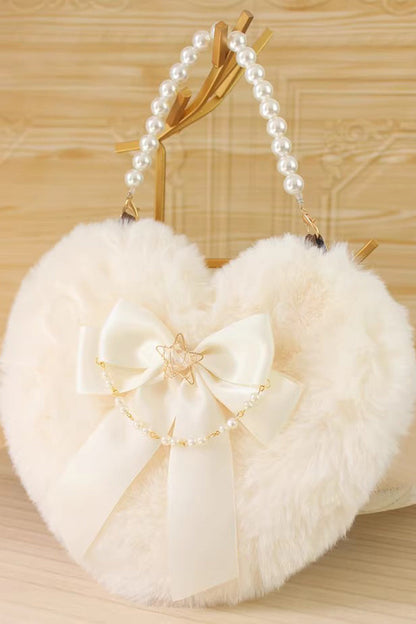 Lolita Shoulder Bag - Fluffy Heart Cartoon, 17 Colors, Bow Detail, Sweet Style - One-Size Milky-White option