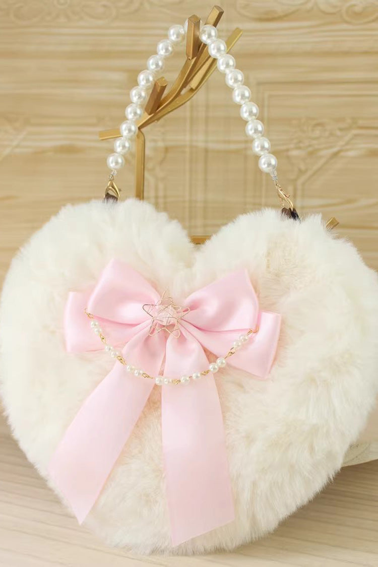 Lolita Shoulder Bag - Fluffy Heart Cartoon, 17 Colors, Bow Detail, Sweet Style - One-Size Pastel-Pink option