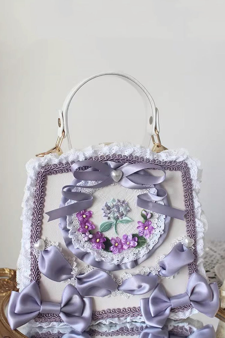 Lolita Shoulder Bag - Four Seasons Floral, 9 Colors, Sweet Style, Bow Detail, Lace Trim - One-Size Smoky-Purple option