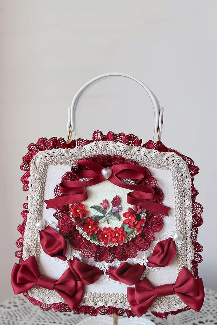 Lolita Shoulder Bag - Four Seasons Floral, 9 Colors, Sweet Style, Bow Detail, Lace Trim - One-Size Wine-Red option