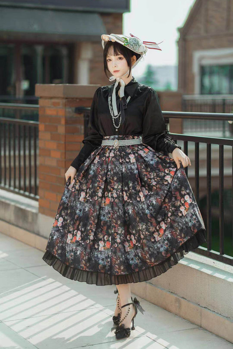 Lolita Skirt - Afternoon Tea, Black, Ruffled, Printed, Gothic Style - main product image