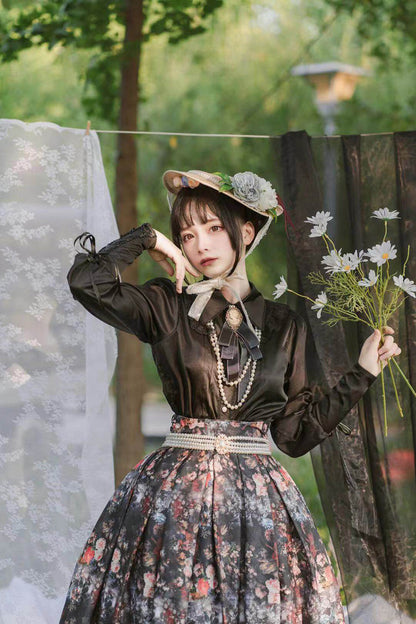 Lolita Skirt - Afternoon Tea, Black, Ruffled, Printed, Gothic Style - S Black(Blouse) / M Black(Blouse) / L Black(Blouse) option