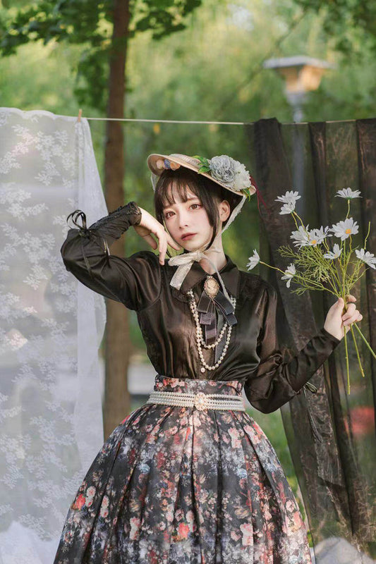 Lolita Skirt - Afternoon Tea, Black, Ruffled, Printed, Gothic Style - S Black(Blouse) / M Black(Blouse) / L Black(Blouse) option