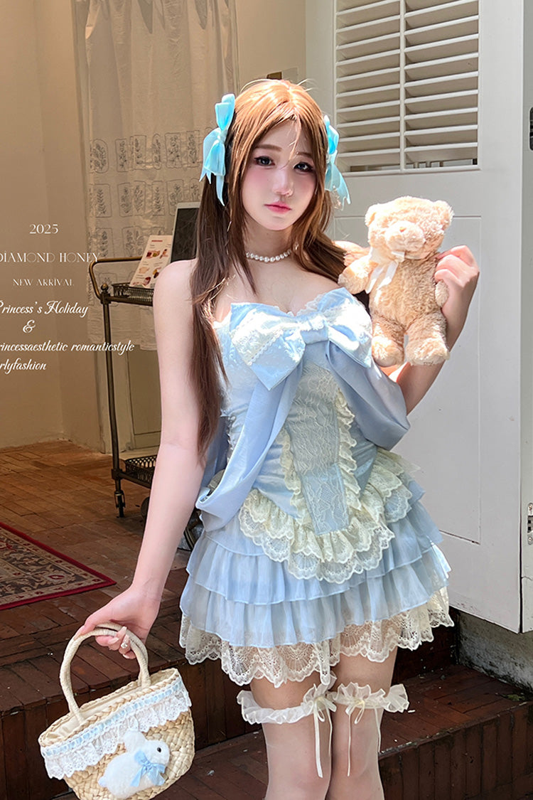 Lolita Skirt - Antique Girl, Blue, Layered, Sweet Style, Bow Detail - additional product view 2
