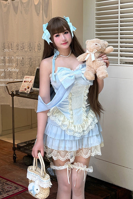 Lolita Skirt - Antique Girl, Blue, Layered, Sweet Style, Bow Detail - main product image