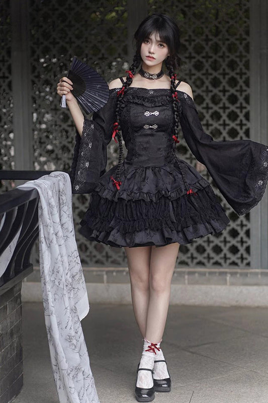 Lolita Skirt - Bamboo Leaves Print, Black, Gothic Style, Chinese-Inspired Style, Lace Trim - additional product view 2