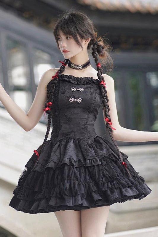Lolita Skirt - Bamboo Leaves Print, Black, Gothic Style, Chinese-Inspired Style, Lace Trim - main product image