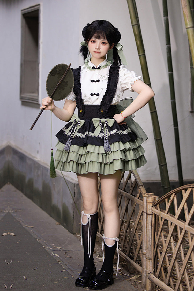 Lolita Skirt - Black/green Multi-layered Bamboo, 2 Colors, Chinese-Inspired Style, Ruffled - additional product view 2
