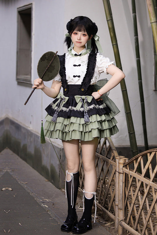 Lolita Skirt - Black/green Multi-layered Bamboo, 2 Colors, Chinese-Inspired Style, Ruffled - additional product view 2