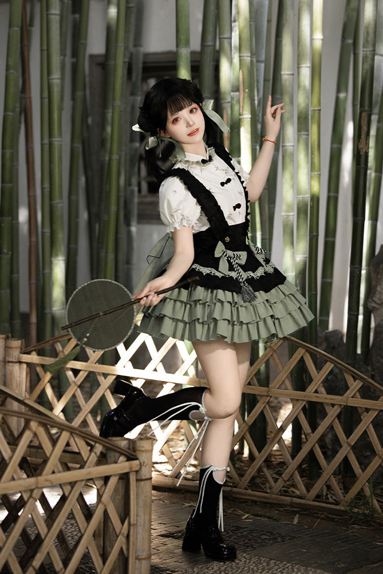 Lolita Skirt - Black/green Multi-layered Bamboo, 2 Colors, Chinese-Inspired Style, Ruffled - additional product view 3