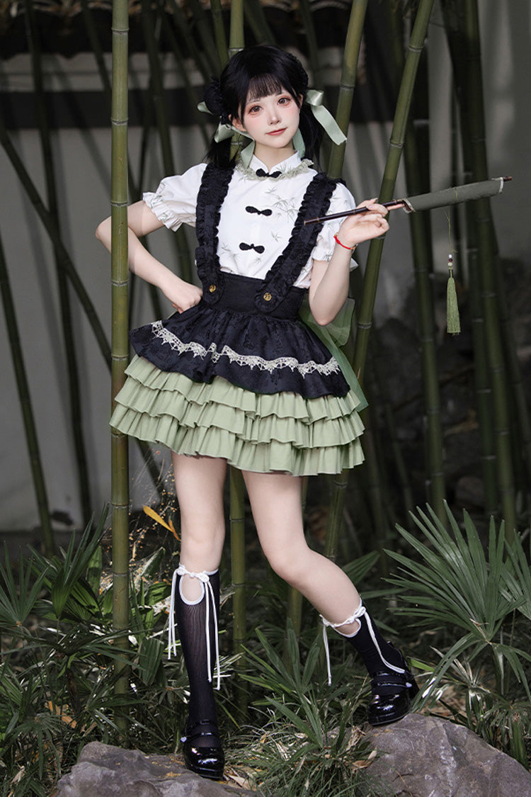 Lolita Skirt - Black/green Multi-layered Bamboo, 2 Colors, Chinese-Inspired Style, Ruffled - additional product view 4