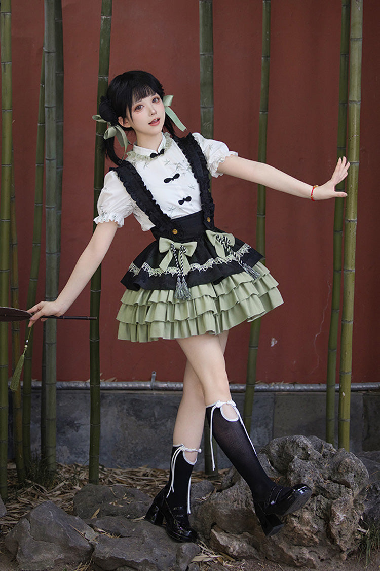 Lolita Skirt - Black/green Multi-layered Bamboo, 2 Colors, Chinese-Inspired Style, Ruffled - additional product view 5