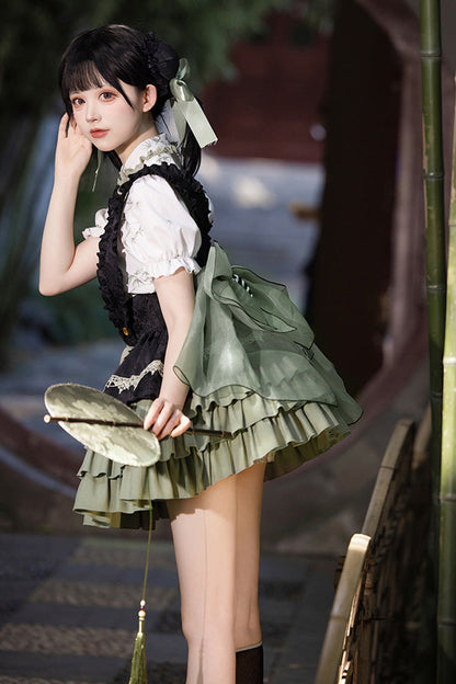 Lolita Skirt - Black/green Multi-layered Bamboo, 2 Colors, Chinese-Inspired Style, Ruffled - additional product view 6