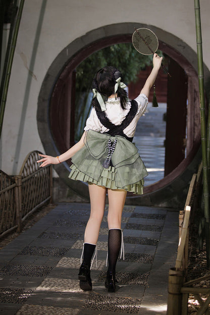 Lolita Skirt - Black/green Multi-layered Bamboo, 2 Colors, Chinese-Inspired Style, Ruffled - additional product view 7