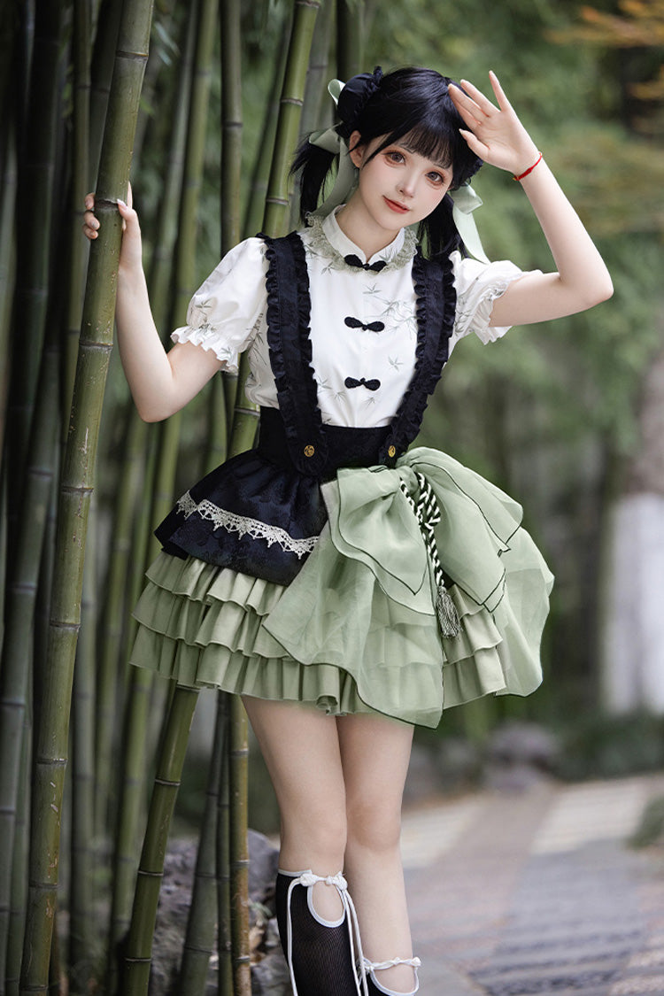 Lolita Skirt - Black/green Multi-layered Bamboo, 2 Colors, Chinese-Inspired Style, Ruffled - main product image