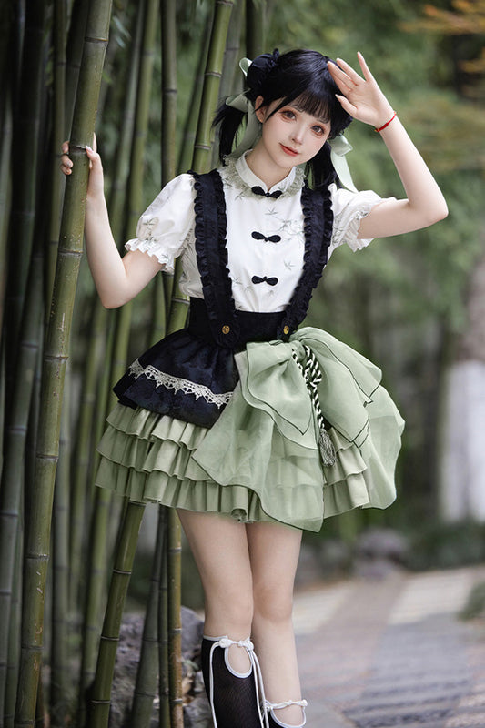 Lolita Skirt - Black/green Multi-layered Bamboo, 2 Colors, Chinese-Inspired Style, Ruffled - main product image
