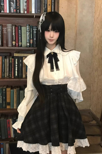 Lolita Skirt - Black/white, 2 Colors, Plaid, Long Sleeves, Sweet Style - additional product view 11