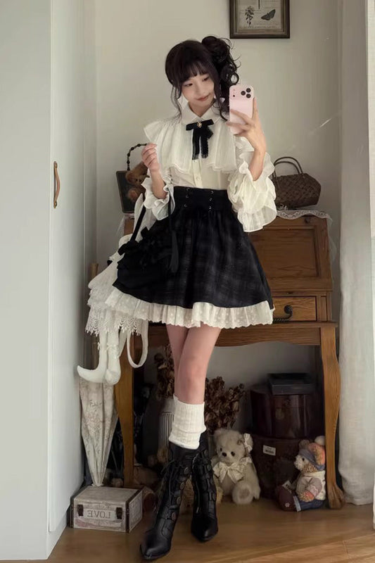 Lolita Skirt - Black/white, 2 Colors, Plaid, Long Sleeves, Sweet Style - main product image