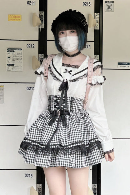 Lolita Skirt - Black/white Houndstooth Print, 2 Colors, Lace Trim, Ruffled, Printed - additional product view 2