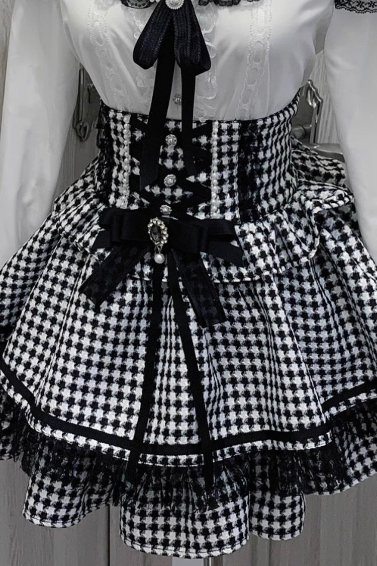 Lolita Skirt - Black/white Houndstooth Print, 2 Colors, Lace Trim, Ruffled, Printed - additional product view 3