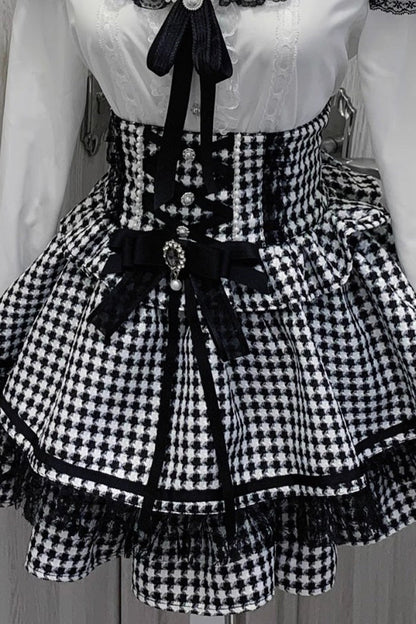 Lolita Skirt - Black/white Houndstooth Print, 2 Colors, Lace Trim, Ruffled, Printed - additional product view 3