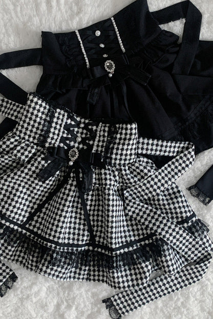 Lolita Skirt - Black/white Houndstooth Print, 2 Colors, Lace Trim, Ruffled, Printed - additional product view 4