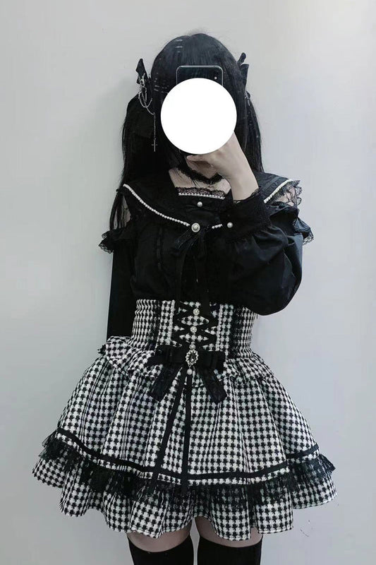 Lolita Skirt - Black/white Houndstooth Print, 2 Colors, Lace Trim, Ruffled, Printed - main product image