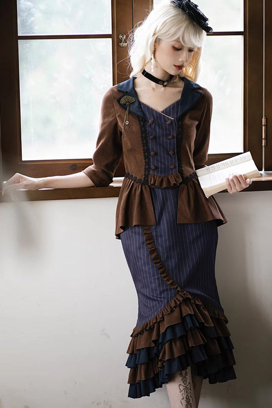 Lolita Skirt - Blue/brown Time Traveler, 2 Colors, Printed, Long Sleeves, Punk Style - additional product view 2