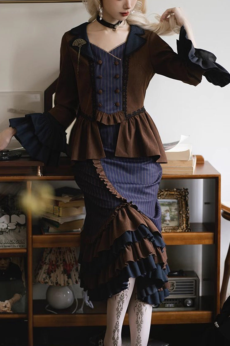 Lolita Skirt - Blue/brown Time Traveler, 2 Colors, Printed, Long Sleeves, Punk Style - main product image