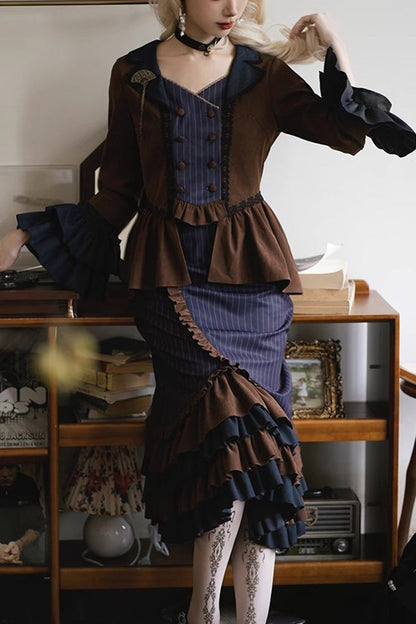 Lolita Skirt - Blue/brown Time Traveler, 2 Colors, Printed, Long Sleeves, Punk Style - main product image