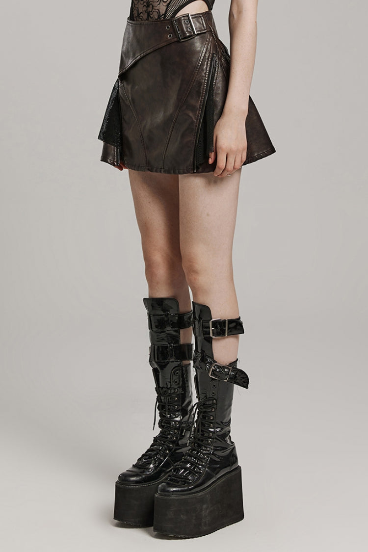 Lolita Skirt - Buckle Faux Leather Side Zipper, 2 Colors, Zipper Detail, Buckle Detail - additional product view 10
