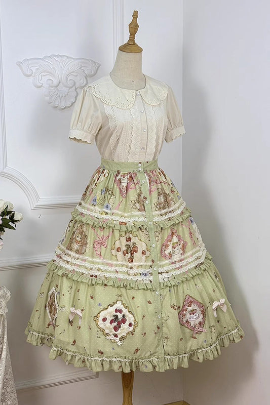 Lolita Skirt - Cat Rose Tea, Green, Printed, Sweet Style, Lace Trim - additional product view 2