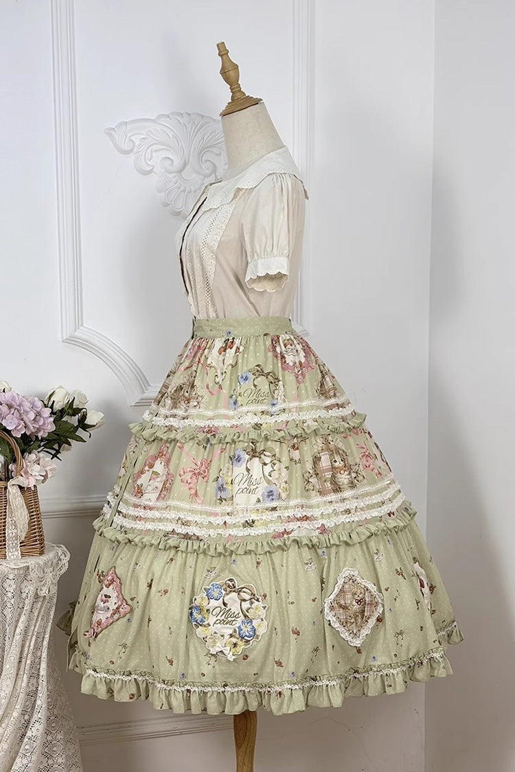 Lolita Skirt - Cat Rose Tea, Green, Printed, Sweet Style, Lace Trim - additional product view 3