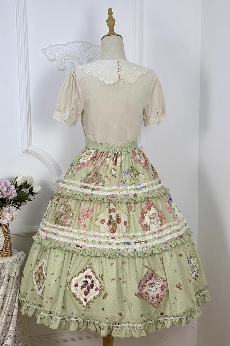 Lolita Skirt - Cat Rose Tea, Green, Printed, Sweet Style, Lace Trim - additional product view 4