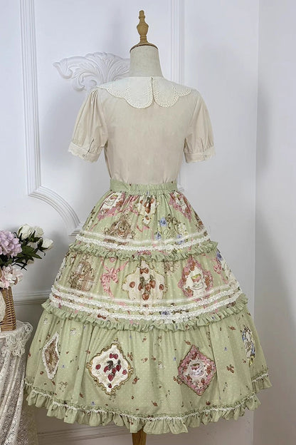 Lolita Skirt - Cat Rose Tea, Green, Printed, Sweet Style, Lace Trim - additional product view 4