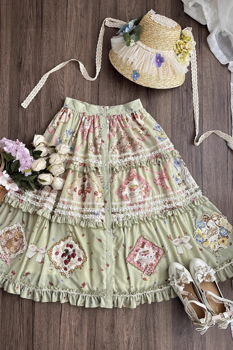 Lolita Skirt - Cat Rose Tea, Green, Printed, Sweet Style, Lace Trim - additional product view 5