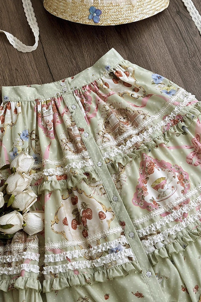 Lolita Skirt - Cat Rose Tea, Green, Printed, Sweet Style, Lace Trim - additional product view 6