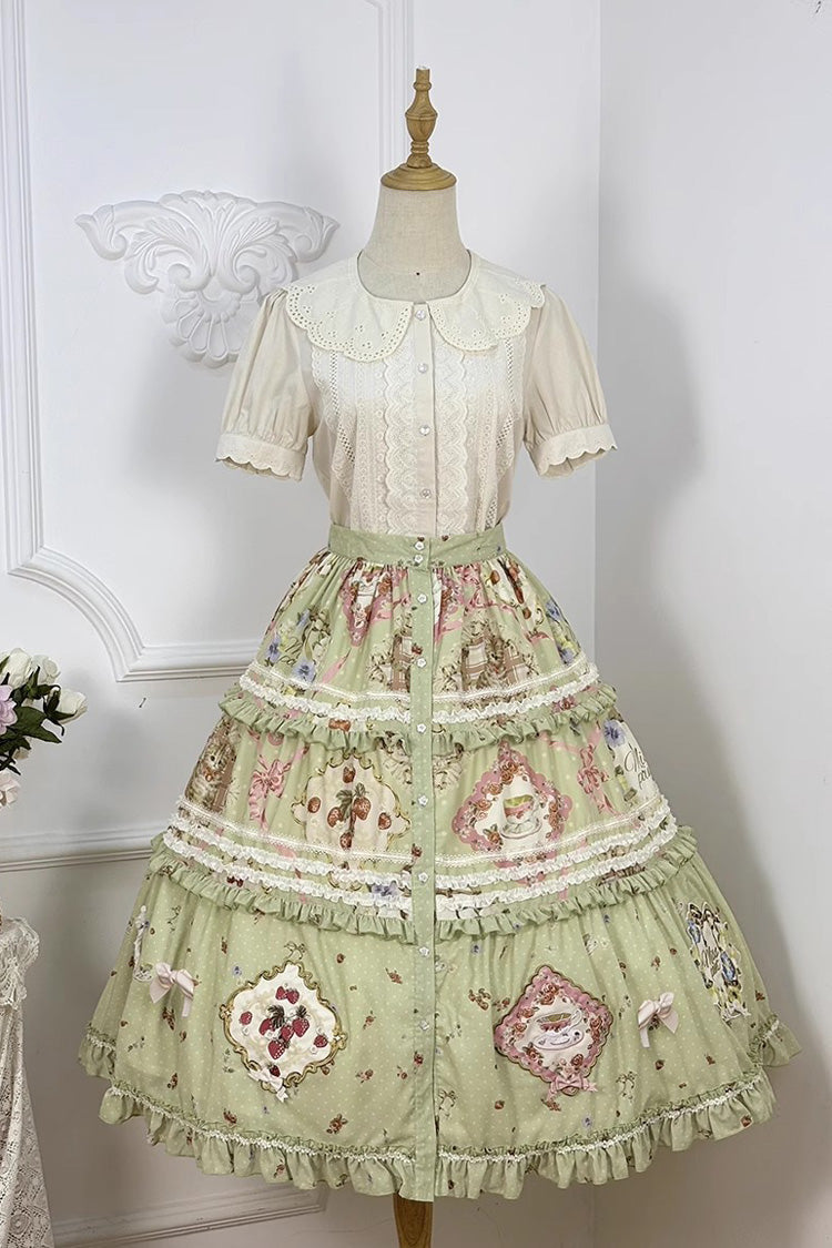 Lolita Skirt - Cat Rose Tea, Green, Printed, Sweet Style, Lace Trim - main product image