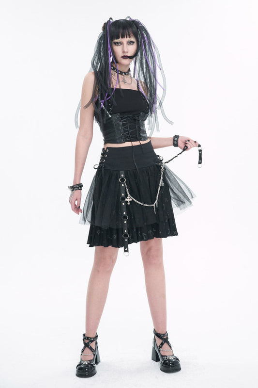 Lolita Skirt - Cross Print Side Waist, Black, Detachable Detail, Women's Style, Adjustable - additional product view 2