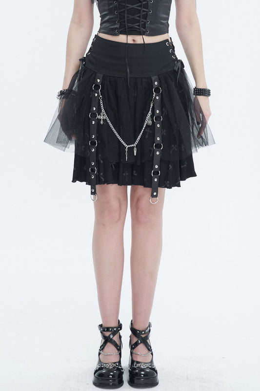 Lolita Skirt - Cross Print Side Waist, Black, Detachable Detail, Women's Style, Adjustable - main product image