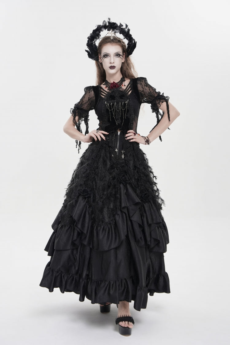 Lolita Skirt - Cross Rose Beaded Gorgeous, Black, Long Length, Women's Style, Cross Detail - main product image