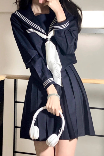 Lolita Skirt - Dark Blue Navy Collar, Blue, Long Sleeves, Sweet Style - additional product view 2