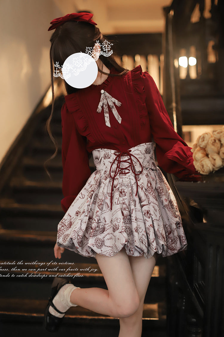 Lolita Skirt - Elise, Gray, Ruffled, Printed, Lace-Up - Alternative Fashion Skirt - additional product view 2