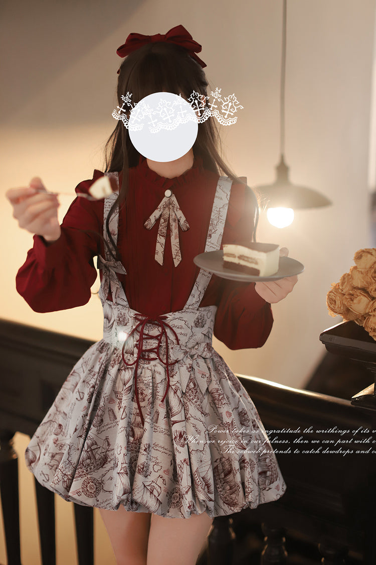 Lolita Skirt - Elise, Gray, Ruffled, Printed, Lace-Up - Alternative Fashion Skirt - additional product view 9