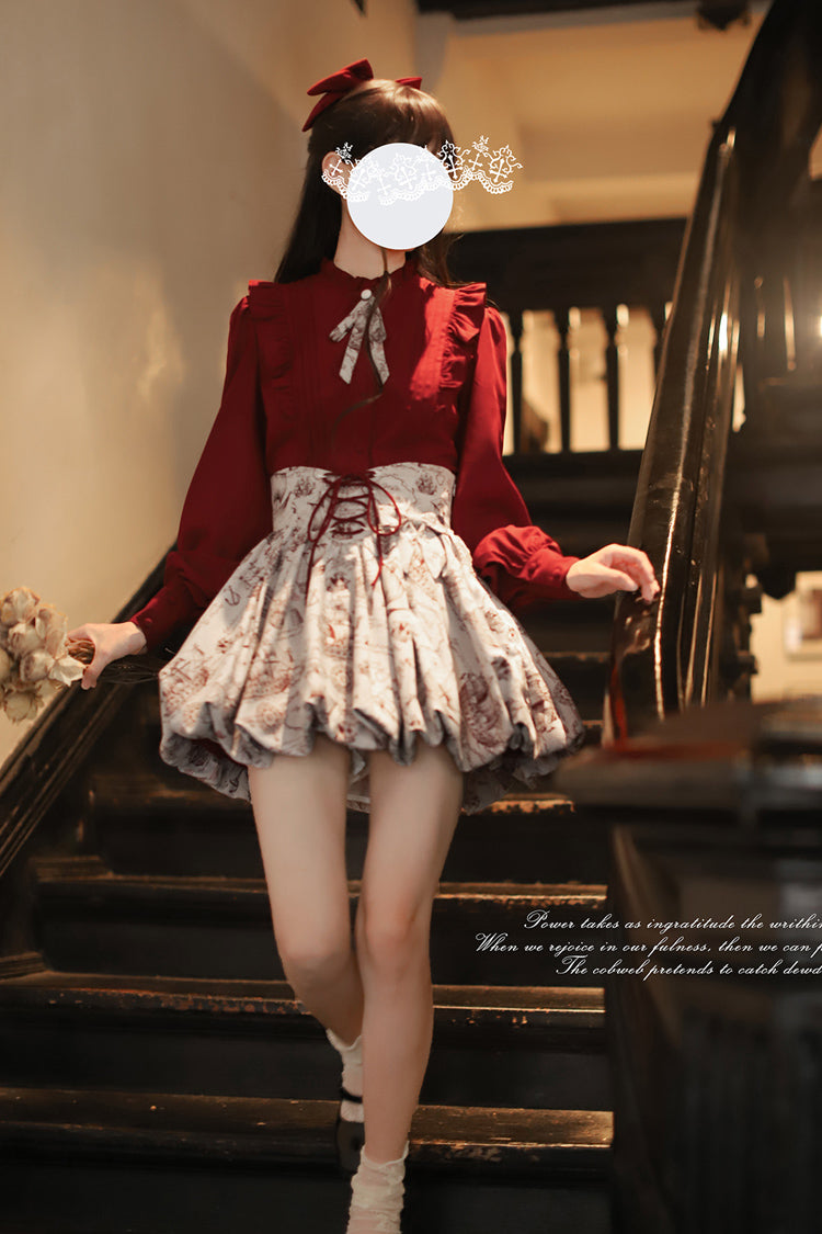 Lolita Skirt - Elise, Gray, Ruffled, Printed, Lace-Up - Alternative Fashion Skirt - additional product view 10